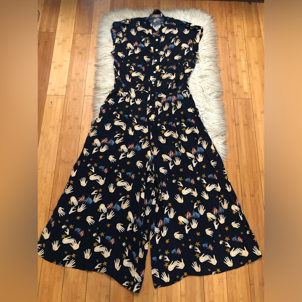 Tomcsanyi Novelty Flag Hand Print Wide Leg Sleeveless Navy Jumpsuit size S/M